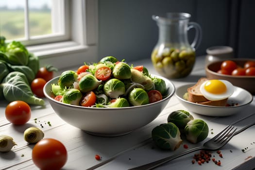 Brussels sprouts salad with vegetables. AI generated image.