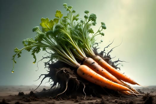 Long carrots in the remains of the soil, with green tops . AI generated image.