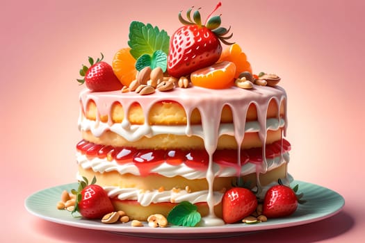 fruit cake with strawberry cream, nuts, tangerines isolated on a light pink background