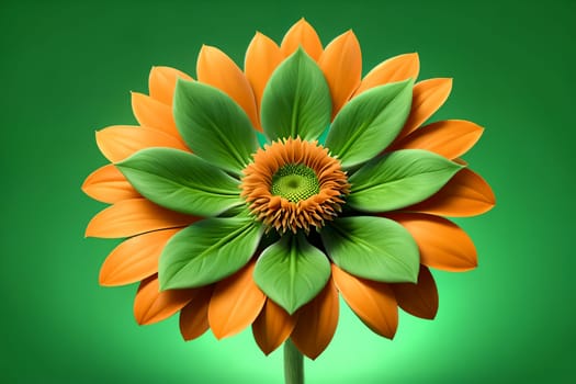 unusual orange flower with green foliage, isolated on green background
