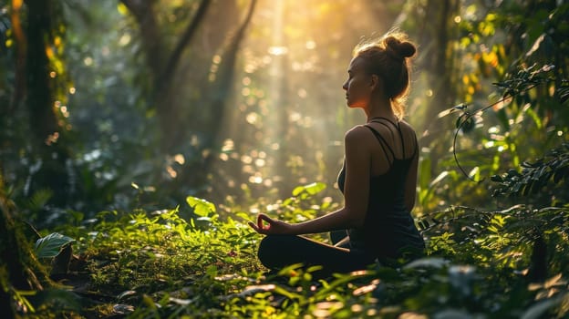 The picture of the young or adult female human doing the yoga pose for relaxation or meditating the mind in the middle of the nature under the bright sun in the daytime of a dawn or dusk day. AIGX03.