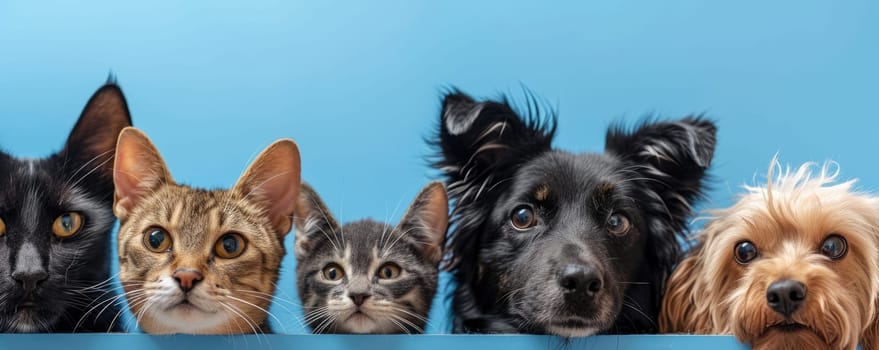 The picture of front view and close up of the multiple group of the various cat and dog in front of the bright blue background that look back to the camera with the curious and interest face. AIGX03.