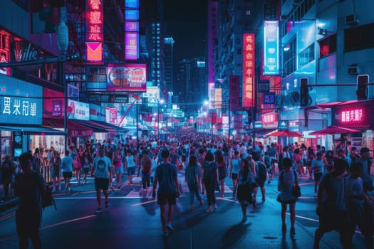 This image presents a stunning night-time cityscape bathed in neon lights, with reflections on streets creating a futuristic atmosphere. Resplendent.