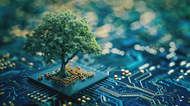 The bottom angle view of the growing green tree on the cpu on the land of the greenish mainboard and yellowish circuits of the motherboard that seem so large and make the tree looks so small. AIGX03.