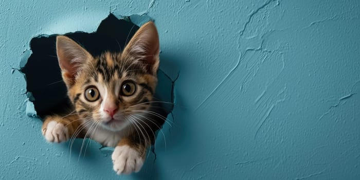 Close up view picture of the hollow blue hole on the the wall that show the cat stay inside the wall that has been made from some material yet still can break to look through the other side. AIGX03.