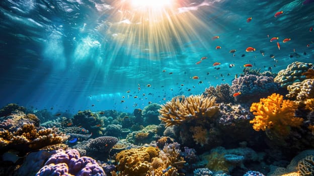 An underwater coral reef scene, diverse marine life, vivid colors, showcasing the beauty and diversity of ocean life. Underwater photography, coral reef ecosystem, diverse marine life,. Resplendent.