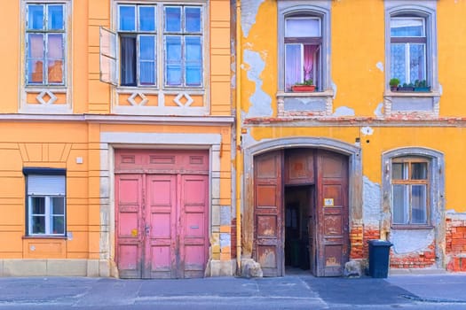 Colorful facade of an old historical residential building in the Hungarian city of Sopron.