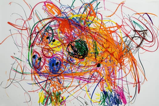 The hand drawing colourful picture of the pig that has been drawn by the colored pencil, crayon or chalk on the white blank background that seem to be drawn by the child that willing to draw. AIGX01.