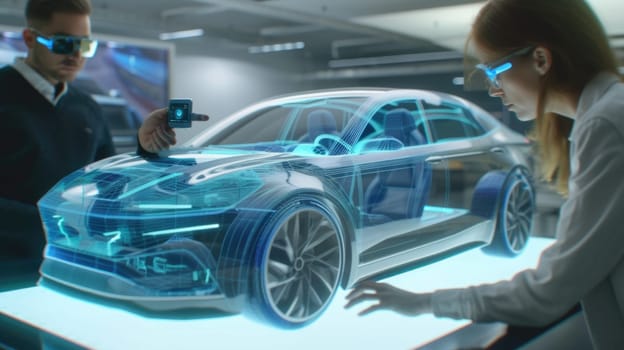 A futuristic car design is presented in a virtual showroom, illuminated by neon lights and showcasing the latest in automotive technology. AIG41