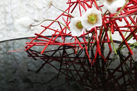 ikebana of red twigs and white flowers in a flat vase with water close-up