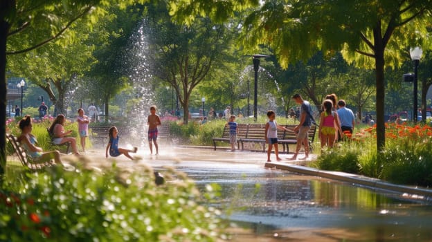 Kids frolic in a park fountain, reveling in the joy of water amidst the natural landscape filled with trees, grass, and terrestrial plants. A delightful leisurely event! AIG41