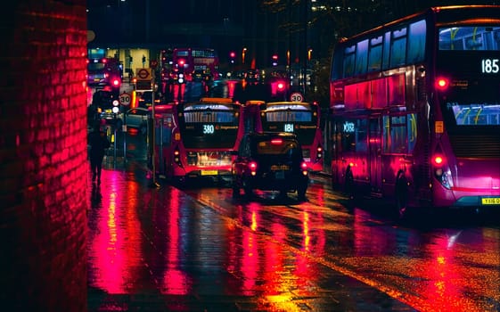 London, United Kingdom - February 01, 2019: Buses and taxis stuck in heavy traffic on a rainy evening near Lewisham station, bright red lights reflected in wet road and pavement