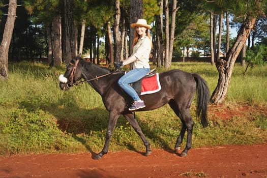 Young woman in shirt and straw hat, riding brown horse in the park, blurred background with houses and trees