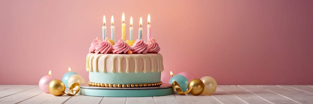 Birthday cake glowing candles pink backdrop, marking of joy and celebrating. banner with free space.