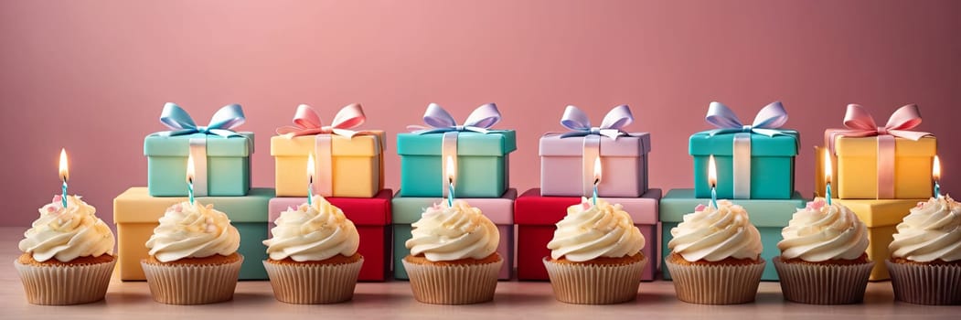 Colorful cupcakes with lit candles are displayed against a pink background, indicating an indoor celebration event marking of joy and celebrating. with free space.