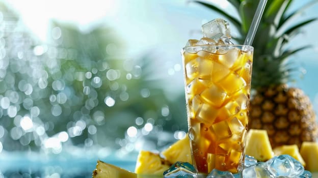 Tall glass with pineapple juice, ice cubes, pineapple with splashes of water in the background. AI generated.