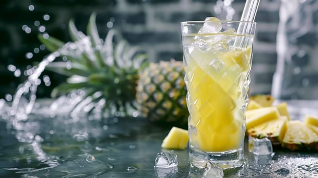 Tall glass with pineapple juice, ice cubes, pineapple with splashes of water in the background. AI generated.