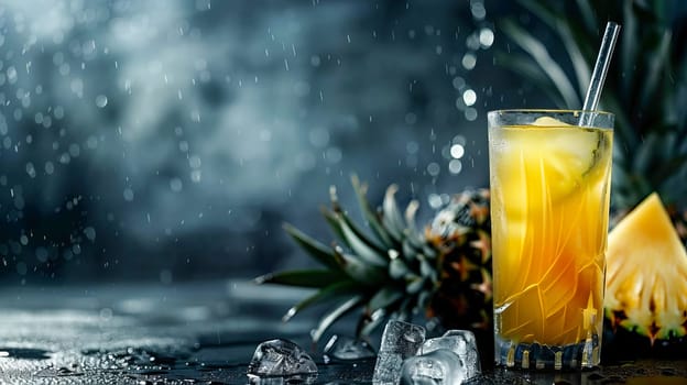 Tall glass with pineapple juice, ice cubes, pineapple with splashes of water in the background. AI generated.