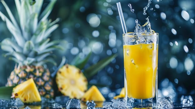 Tall glass with pineapple juice, ice cubes, pineapple with splashes of water in the background. AI generated.