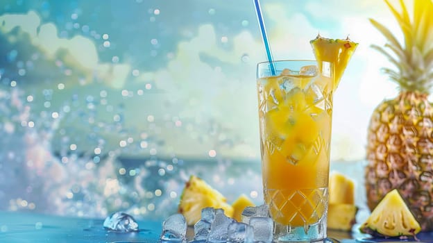 Tall glass with pineapple juice, ice cubes, pineapple with splashes of water in the background. AI generated.