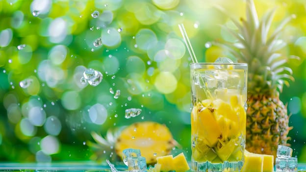 Tall glass with pineapple juice, ice cubes, pineapple with splashes of water in the background. AI generated.