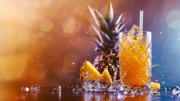 Tall glass with pineapple juice, ice cubes, pineapple with splashes of water in the background. AI generated.