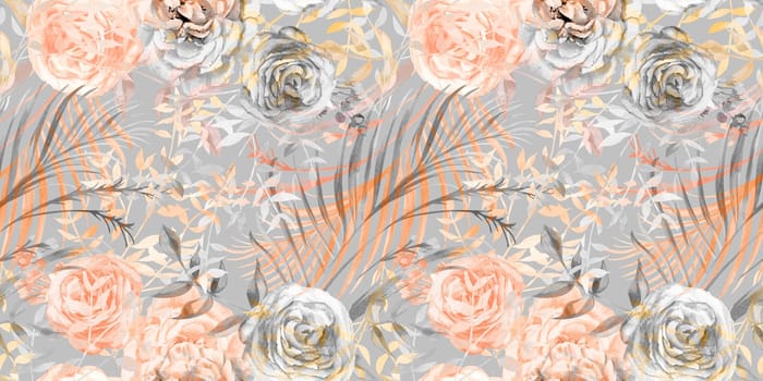 Seamless pattern mix of silhouettes with roses and branches for textiles