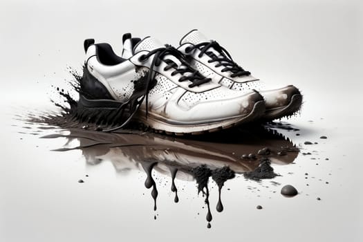 sneaker in a dirty wet puddle, dirt flows off the sneaker.