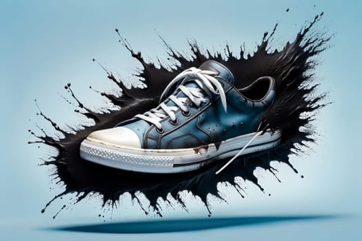 sneaker in a dirty wet puddle, dirt flows off the sneaker.