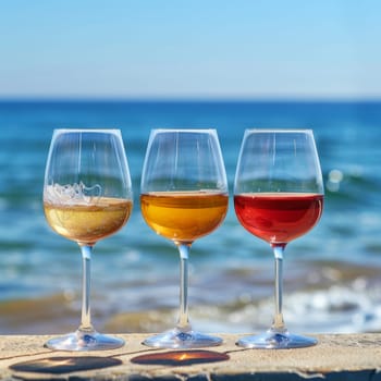 glasses of cold pink wine on a sunny beach near the sea.