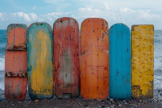 A set of SUP boards on the background of the sea. Active leisure.