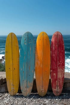 A set of SUP boards on the background of the sea. Active leisure.