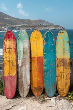 A set of SUP boards on the background of the sea. Active leisure.