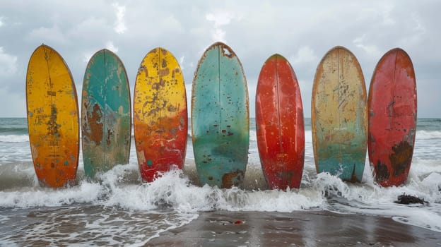 A set of SUP boards on the background of the sea. Active leisure.