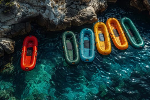 A set of colorful inflatable boats standing in the sea near the shore.