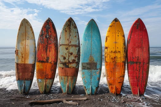 A set of SUP boards on the background of the sea. Active leisure.