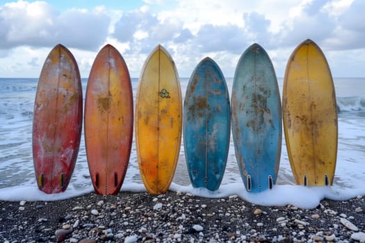 A set of SUP boards on the background of the sea. Active leisure.