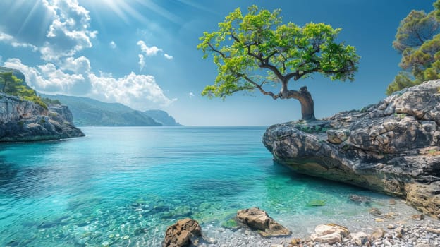 Greek beach, sea and rocks. The resort landscape.