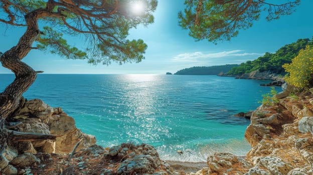 Greek beach, sea and rocks. The resort landscape.