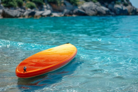 Multicolored SUP board on a blue sea background.