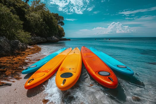 A set of SUP boards on the background of the sea. Active leisure.