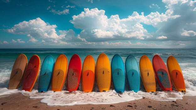 A set of SUP boards on the background of the sea. Active leisure.