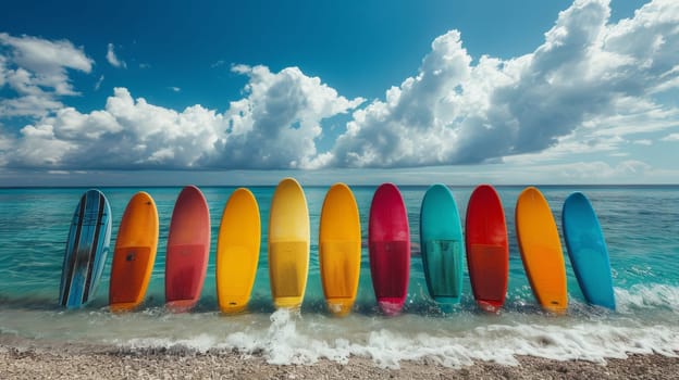 A set of SUP boards on the background of the sea. Active leisure.