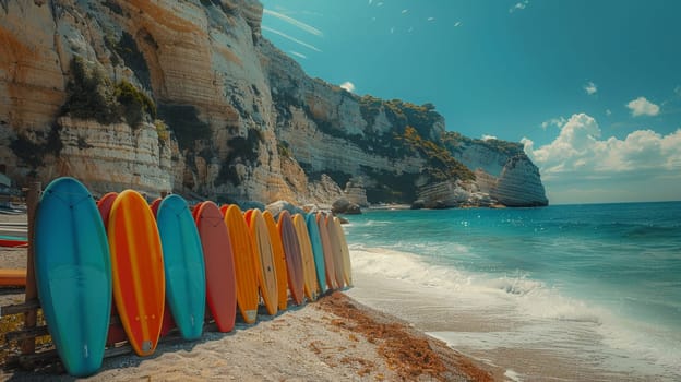 A set of SUP boards on the background of the sea. Active leisure.