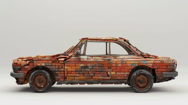 An old car made of bricks stands on a white background. 3d illustration.