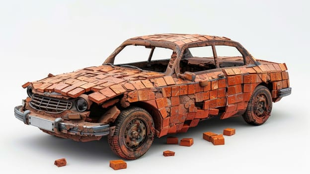 An old car made of bricks stands on a white background. 3d illustration.