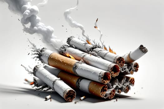 broken cigarettes, all in smoke. Smoking is harmful to health.