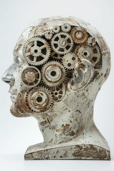 A human head with a toothed clockwork mechanism. The concept of thinking, decision-making. 3d illustration.