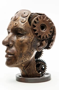 A human head with a toothed clockwork mechanism. The concept of thinking, decision-making. 3d illustration.