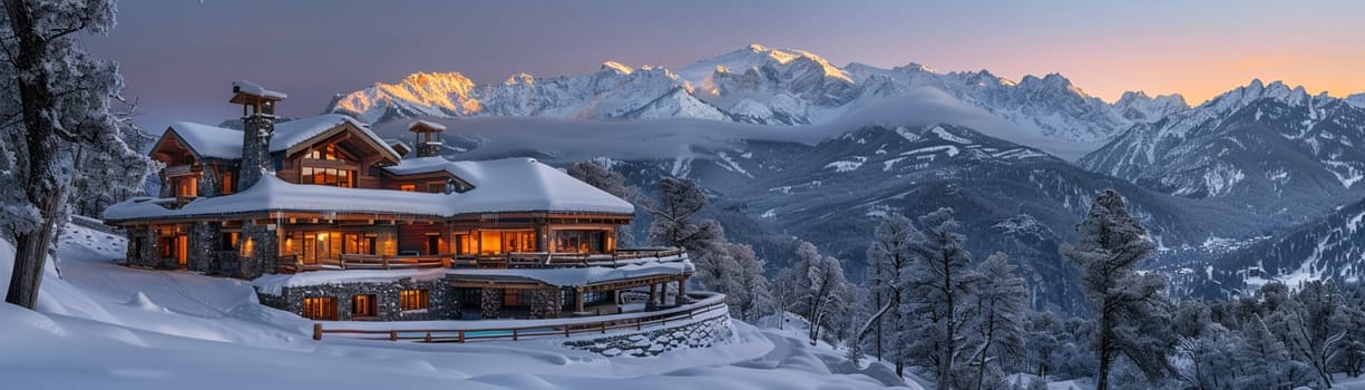 Majestic Mountain Lodge with Sweeping Snow-Capped Views, luxury amidst alpine beauty.
